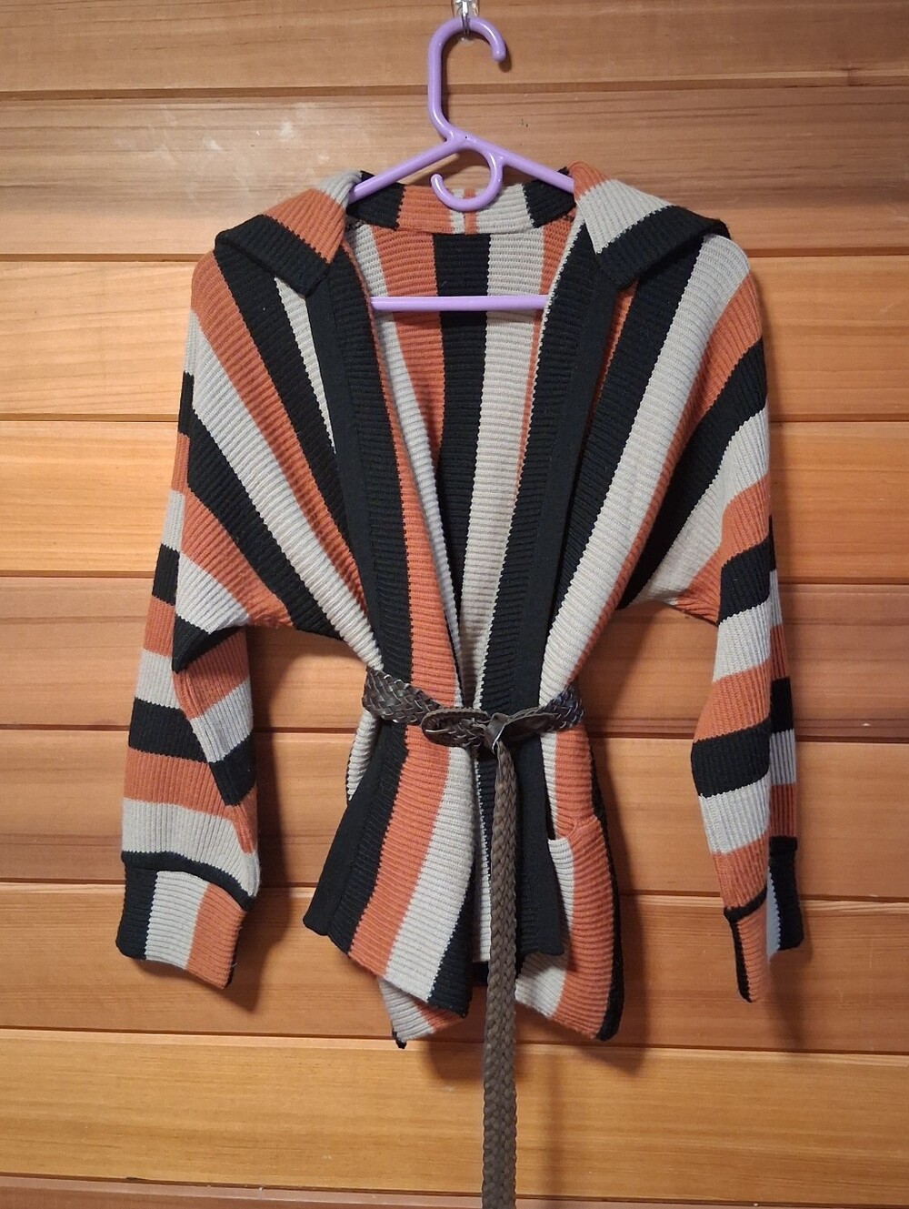 🌞Striped Open-Front Knit Sweater Cardigan in Orange, Black & Cream